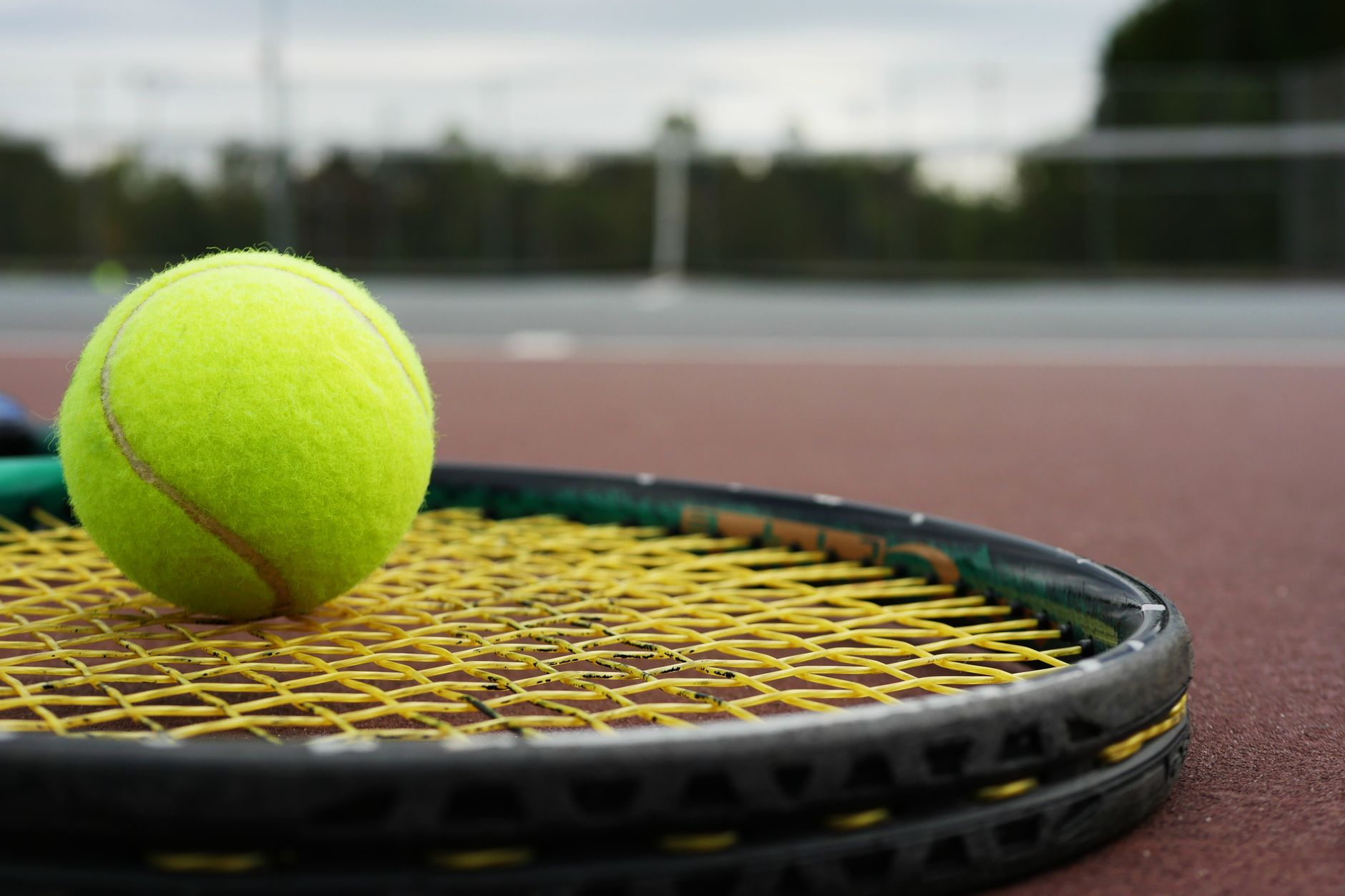 Tennis ball resting on a racket